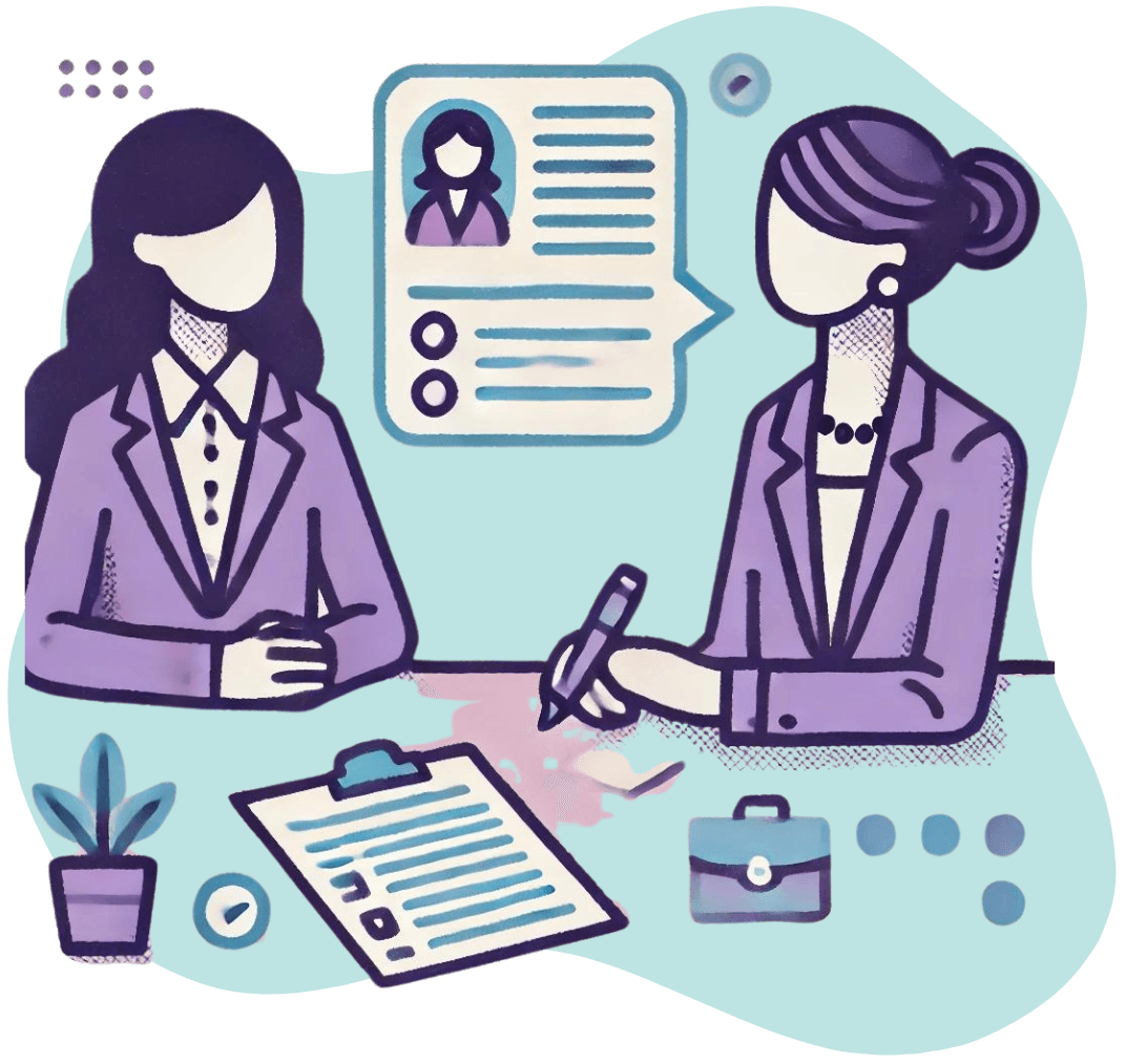 Icon of two people in a work environment having a discussion at a desk.